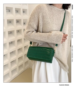 Detail of dark green crocodile texture on a patent leather shoulder bag with gold buckles