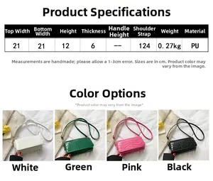 Size chart for chic crocodile embossed baguette bag showing dimensions and colors