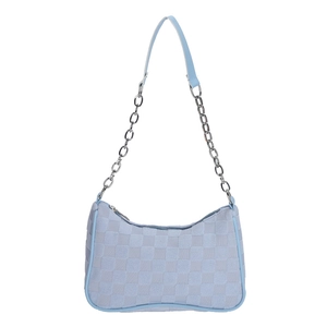 Blue checkerboard pattern shoulder bag with silver chain strap on white background