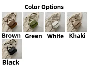 Flat lay of small flap saddle bags in brown, green, white, khaki and black textures
