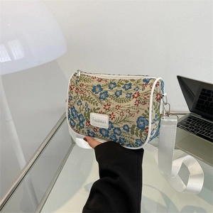 Women Vintage Floral Print Canvas Shoulder Bag Retro Casual Crossbody Small Square Bag With Wide Strap Fashion Handbag