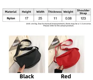 Size chart showing nylon crossbody bag dimensions: 25x17x11cm with 123cm shoulder strap