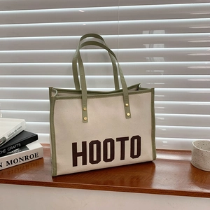 Sac Cabas en Toile de Grande Capacité pour Femmes Avec Impression de Lettres Bordure en Cuir PU Contrastée Sac à Main Décontracté