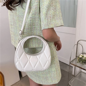 White crescent dumpling bag with diamond lattice pattern and circular handle for women