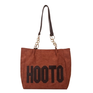 Brown large capacity suede tote bag with HOOTO letter design and chain shoulder strap