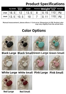 Size chart showing large and small quilted crossbody bags with chain strap and PU material