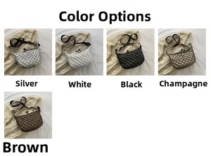 Quilted crossbody cloud bags shown in silver, white, black, champagne, and brown colors