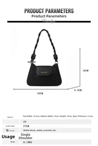 Size guide for black PU shoulder bag with checkered texture and detailed dimensions