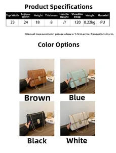 Detailed size specifications and material chart for the quilted chain shoulder bag