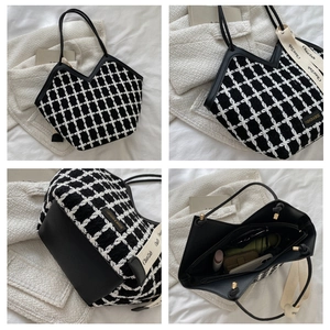 Detailed views of checkered tote bag showing spacious interior and premium tweed texture