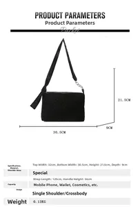 Size chart showing 32cm width and 21.5cm height for the black quilted crossbody bag