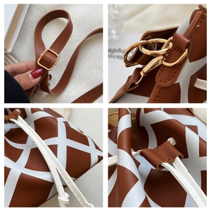 Detailed views of brown and white geometric bucket bag with gold-tone hardware and straps
