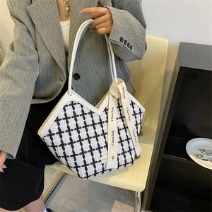 Large capacity black and white plaid tweed tote bag with V-shaped opening for women