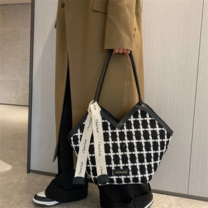 Large capacity black and white checkered tote bag with decorative silk scarf handle