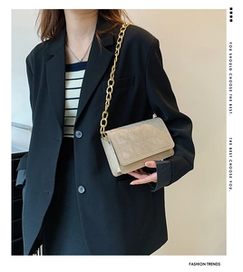 Detail of beige velvet crossbody bag with gold chain strap and studded geometric patterns