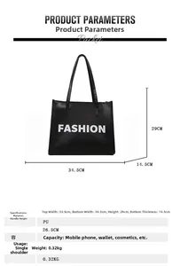Detailed size specifications for the black FASHION tote bag with precise measurements