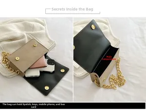Interior view of beige velvet crossbody bag with gold chain showing storage capacity
