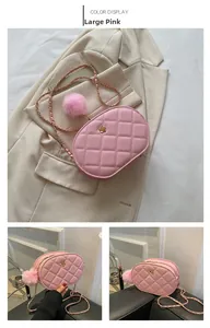 Detailed views of pink quilted oval chain bag with gold strap and plush ball charm