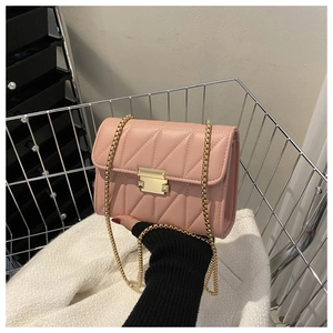 Detail of pink quilted shoulder bag with gold chain strap and metallic buckle closure