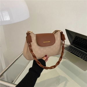 Women Fashion Checkerboard PU Leather Shoulder Bag Retro Braided Strap Underarm Bag Korean Minimalist Letter Print Flap Handbag