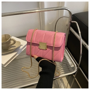 Detail of pink quilted crossbody bag featuring gold metal clasp and chain strap