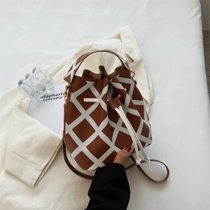Women Fashion Geometric Grid Bucket Bag PU Leather Drawstring Shoulder Crossbody Bag Adjustable Strap Handbag