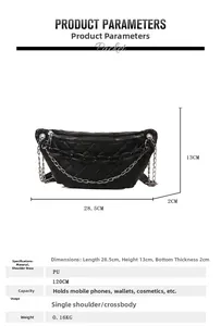 Detailed size specifications for a black quilted waist bag with chain decor