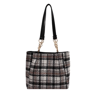 Sac cabas à carreaux en tweed noir et marron avec anses élégantes en chaîne dorée et cuir