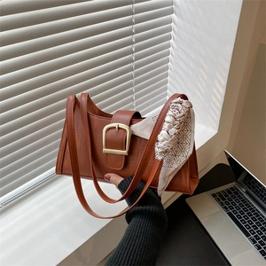 Women Retro Crocodile Pattern PU Leather Shoulder Bag With Scarf Decor Large Gold Buckle Underarm Bag French Style Handbag