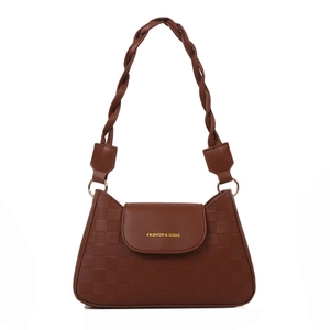 Minimalist brown crossbody bag with checkered pattern and woven handle on white background