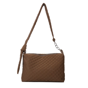 Brown quilted tote bag with diamond stitching and adjustable knotted shoulder strap