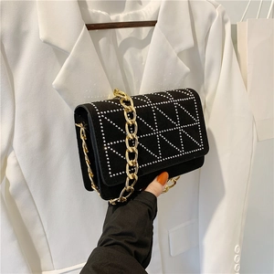 Women's Fashion Nylon Small Square Bag Geometric Rhinestone Rivet Gold Chain Shoulder Bag Chic Flap Underarm Crossbody Bag
