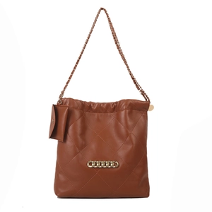 Brown quilted chain shoulder bag with minimalist drawstring and matching small coin purse