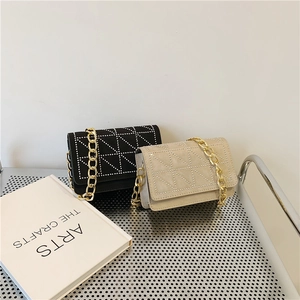 Chic quilted velvet handbag with sparkling rhinestones and gold chain strap in two colors
