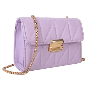 Retro lavender quilted crossbody bag with golden chain strap and geometric V-stitching