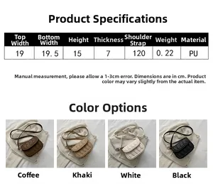 Detailed size chart and specifications for the retro PU leather crossbody bag and colors