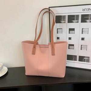 Women Large Capacity Tote Bag PU Leather Contrast Stitching Shoulder Bag Minimalist Commuter Casual Underarm Handbag