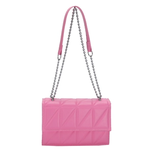 Pink quilted crossbody bag with geometric triangle stitching and silver chain strap