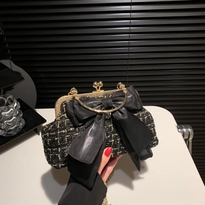 Elegant Tweed Shoulder Bag For Women Large Satin Bow Decoration Vintage Gold Metal Chain Crossbody Handbag For Party Wear