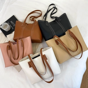 Minimalist large-capacity leather tote bags with contrast stitching in five colors