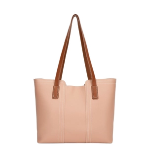 Minimalist large capacity tote bag in dusty pink PU leather with brown shoulder straps