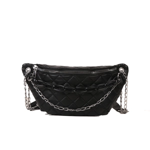 Fashionable black quilted waist bag with double chain straps and crescent moon design