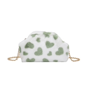 Borsa nuvola in peluche bianca con cuore verde e sottile tracolla dorata