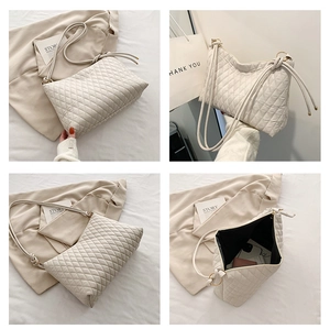 Detailed views of beige quilted bucket bag showing texture, straps, and interior capacity