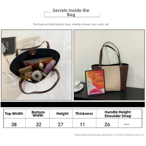Detailed size chart and internal capacity layout for large patchwork tote bag