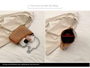 Internal view of brown rivet bag showing capacity for phone, lipstick, and keys