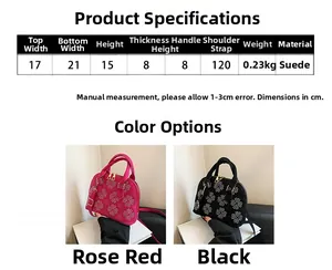 Guide des tailles du sac en daim avec dimensions et options de couleur rose et noir