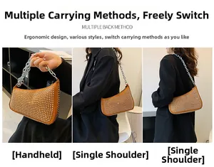 Detail of a brown rivet shoulder bag with silver metal chain strap for women