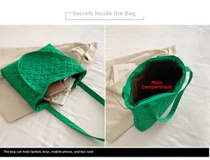 Detail of green quilted tote bag showing spacious main compartment and zip interior
