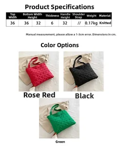 Size chart showing 36x32x6cm dimensions for minimalist knit tote bags in three colors